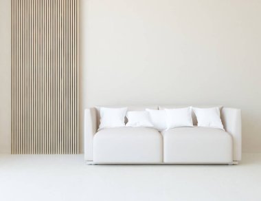 Oturma odasının içinde kanepe, ahşap zeminde güneş ışığı, büyük bir duvarda dekor. İç mekan olarak İskandinav tarzı. 3B illüstrasyon