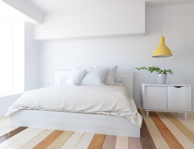 Yatak odasının içinde yatak odası, ahşap zeminde güneş ışığı, büyük bir duvarda dekor. Renkli elementlerin iç mimarisi ile kuzeye dönük. 3B illüstrasyon