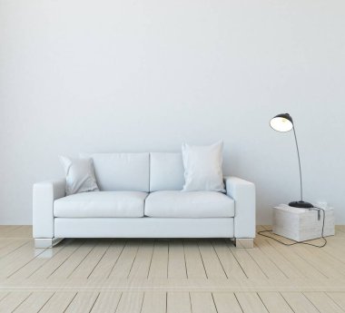 Oturma odasının içinde kanepe, ahşap zeminde güneş ışığı, büyük bir duvarda dekor. İç mekan olarak İskandinav tarzı. 3B illüstrasyon