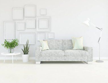 Oturma odasının içinde kanepe, ahşap zeminde güneş ışığı, büyük bir duvarda dekor. İç mekan olarak İskandinav tarzı. 3B illüstrasyon