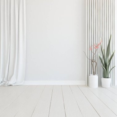 Geniş bir İskandinav aydınlatma odası fikri. Büyük bir duvarı var. Arkaplan iç mimarisi. Minimalist ev fikri iç mekan. 3B illüstrasyon