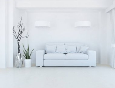 Oturma odasının içinde kanepe, ahşap zeminde güneş ışığı, büyük bir duvarda dekor. İç mekan olarak İskandinav tarzı. 3B illüstrasyon