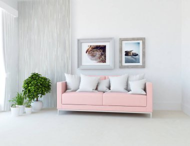 Oturma odasının içinde kanepe, ahşap zeminde güneş ışığı, büyük bir duvarda dekor. Renkli elementlerin iç mimarisi ile kuzeye dönük. 3B illüstrasyon