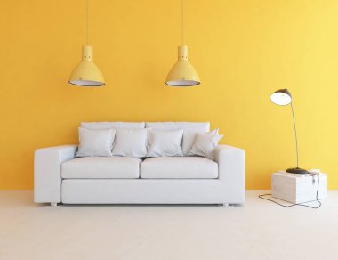 Sarı oturma odasının içinde kanepe, ahşap zeminde güneş ışığı, büyük bir duvarda dekor. Renkli elementlerin iç mimarisi ile kuzeye dönük. 3B illüstrasyon