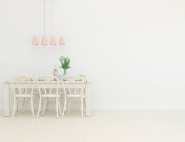 Geniş bir mutfak odası, yemek mobilyaları ve büyük duvarları var. Renkli elementlerin iç mimarisi ile kuzeye dönük. 3B illüstrasyon