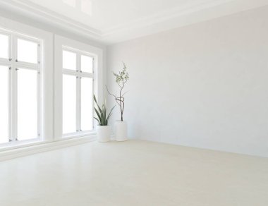 Geniş bir İskandinav aydınlatma odası fikri. Büyük bir duvarı var. Arkaplan iç mimarisi. Minimalist ev fikri iç mekan. 3B illüstrasyon
