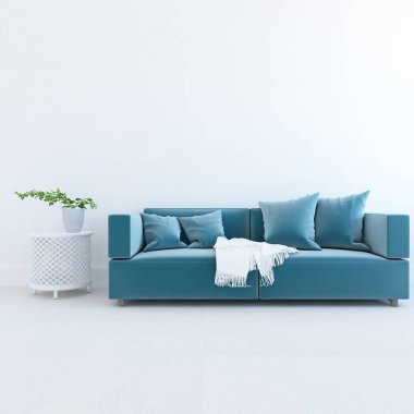 Oturma odasının içinde kanepe, ahşap zeminde güneş ışığı, büyük bir duvarda dekor. Renkli elementlerin iç mimarisi ile kuzeye dönük. 3B illüstrasyon