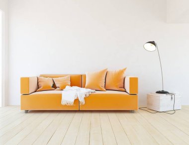 Oturma odasının içinde kanepe, ahşap zeminde güneş ışığı, büyük bir duvarda dekor. Renkli elementlerin iç mimarisi ile kuzeye dönük. 3B illüstrasyon