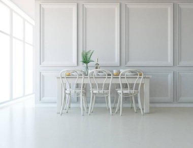 Geniş bir mutfak odası, yemek mobilyaları ve büyük duvarları var. Renkli elementlerin iç mimarisi ile kuzeye dönük. 3B illüstrasyon