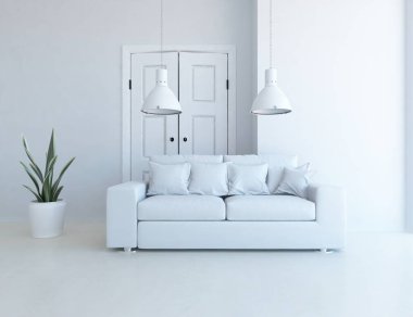 Oturma odasının içinde kanepe, ahşap zeminde güneş ışığı, büyük bir duvarda dekor. İç mekan olarak İskandinav tarzı. 3B illüstrasyon