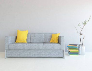 Oturma odasının içinde kanepe, ahşap zeminde güneş ışığı, büyük bir duvarda dekor. Renkli elementlerin iç mimarisi ile kuzeye dönük. 3B illüstrasyon