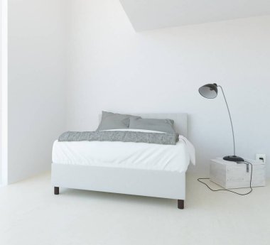 Yatak odasının içinde yatak odası, ahşap zeminde güneş ışığı, büyük bir duvarda dekor. Renkli elementlerin iç mimarisi ile kuzeye dönük. 3B illüstrasyon