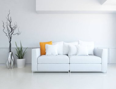 Oturma odasının içinde kanepe, ahşap zeminde güneş ışığı, büyük bir duvarda dekor. Renkli elementlerin iç mimarisi ile kuzeye dönük. 3B illüstrasyon