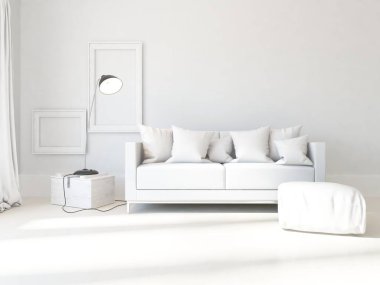 Oturma odasının içinde kanepe, ahşap zeminde güneş ışığı, büyük bir duvarda dekor. İç mekan olarak İskandinav tarzı. 3B illüstrasyon