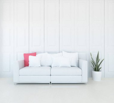 Oturma odasının içinde kanepe, ahşap zeminde güneş ışığı, büyük bir duvarda dekor. Renkli elementlerin iç mimarisi ile kuzeye dönük. 3B illüstrasyon