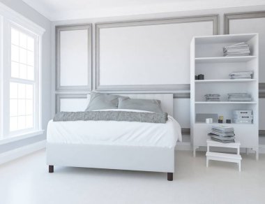 Yatak odasının içinde yatak odası, ahşap zeminde güneş ışığı, büyük bir duvarda dekor. Renkli elementlerin iç mimarisi ile kuzeye dönük. 3B illüstrasyon