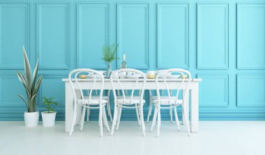 Yemek mobilyaları ve büyük duvarları olan mavi ferah mutfak odası. Renkli elementlerin iç mimarisi ile kuzeye dönük. 3B illüstrasyon