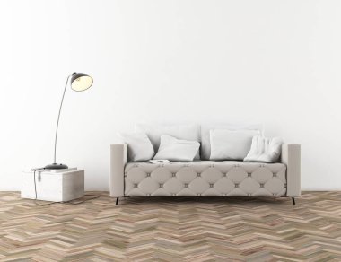 Oturma odasının içinde kanepe, ahşap zeminde güneş ışığı, büyük bir duvarda dekor. İç mekan olarak İskandinav tarzı. 3B illüstrasyon