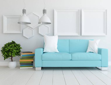 Oturma odasının içinde kanepe, ahşap zeminde güneş ışığı, büyük bir duvarda dekor. Renkli elementlerin iç mimarisi ile kuzeye dönük. 3B illüstrasyon