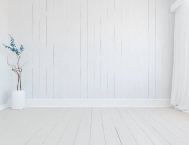 Geniş bir İskandinav aydınlatma odası fikri. Büyük bir duvarı var. Arkaplan iç mimarisi. Minimalist ev fikri iç mekan. 3B illüstrasyon