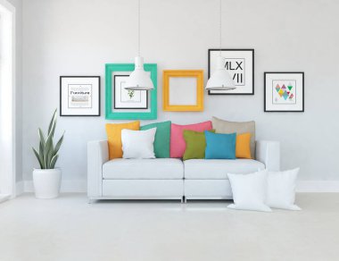 Oturma odasının içinde kanepe, ahşap zeminde güneş ışığı, büyük bir duvarda dekor. Renkli elementlerin iç mimarisi ile kuzeye dönük. 3B illüstrasyon