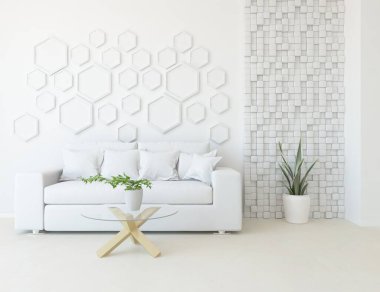 Oturma odasının içinde kanepe, ahşap zeminde güneş ışığı, büyük bir duvarda dekor. İç mekan olarak İskandinav tarzı. 3B illüstrasyon