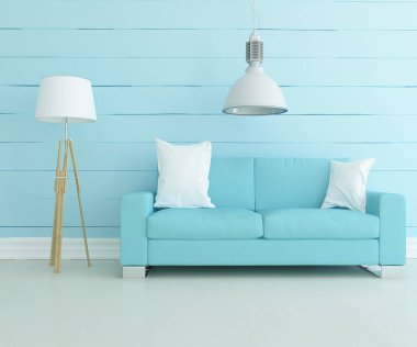 Açık mavi oturma odasının içinde kanepe, ahşap zeminde güneş ışığı, büyük bir duvarda dekor. Renkli elementlerin iç mimarisi ile kuzeye dönük. 3B illüstrasyon