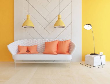 Oturma odasının içinde kanepe, ahşap zeminde güneş ışığı, büyük bir duvarda dekor. Renkli elementlerin iç mimarisi ile kuzeye dönük. 3B illüstrasyon