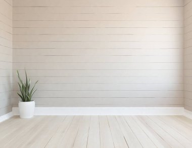 Geniş bir İskandinav açık bej oda fikri. Büyük bir duvarı var. Arkaplan iç mimarisi. Minimalist ev fikri iç mekan. 3B illüstrasyon