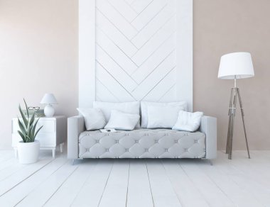 Oturma odasının içinde kanepe, ahşap zeminde güneş ışığı, büyük bir duvarda dekor. İç mekan olarak İskandinav tarzı. 3B illüstrasyon