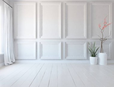 Geniş bir İskandinav aydınlatma odası fikri. Büyük bir duvarı var. Arkaplan iç mimarisi. Minimalist ev fikri iç mekan. 3B illüstrasyon