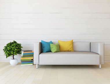 Oturma odasının içinde kanepe, ahşap zeminde güneş ışığı, büyük bir duvarda dekor. Renkli elementlerin iç mimarisi ile kuzeye dönük. 3B illüstrasyon