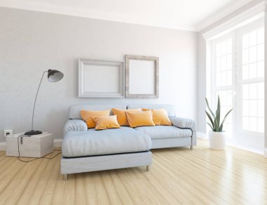 Oturma odasının içinde kanepe, ahşap zeminde güneş ışığı, büyük bir duvarda dekor. Renkli elementlerin iç mimarisi ile kuzeye dönük. 3B illüstrasyon