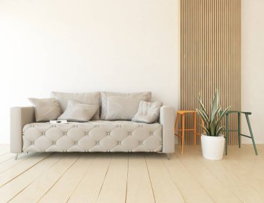 Oturma odasının içinde kanepe, ahşap zeminde güneş ışığı, büyük bir duvarda dekor. Renkli elementlerin iç mimarisi ile kuzeye dönük. 3B illüstrasyon