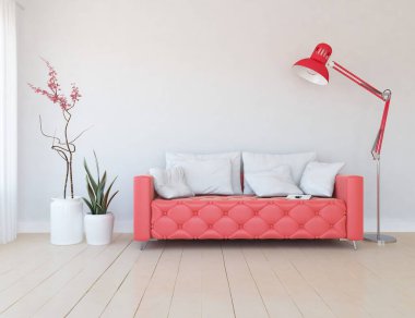 Oturma odasının içinde kanepe, ahşap zeminde güneş ışığı, büyük bir duvarda dekor. Renkli elementlerin iç mimarisi ile kuzeye dönük. 3B illüstrasyon