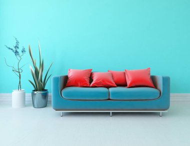 Mavi oturma odasının içinde kanepe, ahşap zeminde güneş ışığı, büyük bir duvarda dekor. Renkli elementlerin iç mimarisi ile kuzeye dönük. 3B illüstrasyon