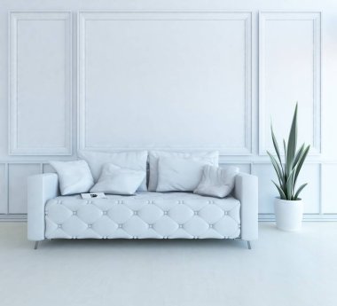 Oturma odasının içinde kanepe, ahşap zeminde güneş ışığı, büyük bir duvarda dekor. İç mekan olarak İskandinav tarzı. 3B illüstrasyon