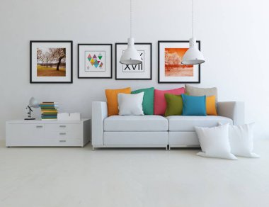 Oturma odasının içinde kanepe, ahşap zeminde güneş ışığı, büyük bir duvarda dekor. Renkli elementlerin iç mimarisi ile kuzeye dönük. 3B illüstrasyon