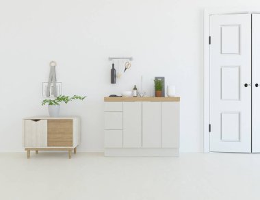 Geniş bir mutfak odası, yemek mobilyaları ve büyük duvarları var. Renkli elementlerin iç mimarisi ile kuzeye dönük. 3B illüstrasyon