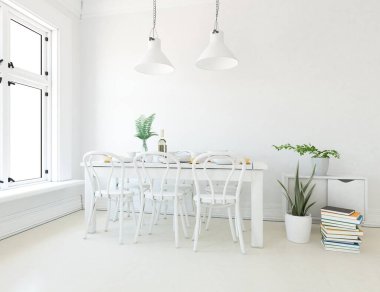 Geniş bir mutfak odası, yemek mobilyaları ve büyük duvarları var. Renkli elementlerin iç mimarisi ile kuzeye dönük. 3B illüstrasyon