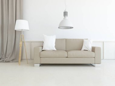 Oturma odasının içinde kanepe, ahşap zeminde güneş ışığı, büyük bir duvarda dekor. Renkli elementlerin iç mimarisi ile kuzeye dönük. 3B illüstrasyon