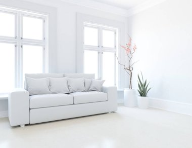 Oturma odasının içinde kanepe, ahşap zeminde güneş ışığı, büyük bir duvarda dekor. İç mekan olarak İskandinav tarzı. 3B illüstrasyon