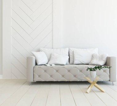 Oturma odasının içinde kanepe, ahşap zeminde güneş ışığı, büyük bir duvarda dekor. İç mekan olarak İskandinav tarzı. 3B illüstrasyon