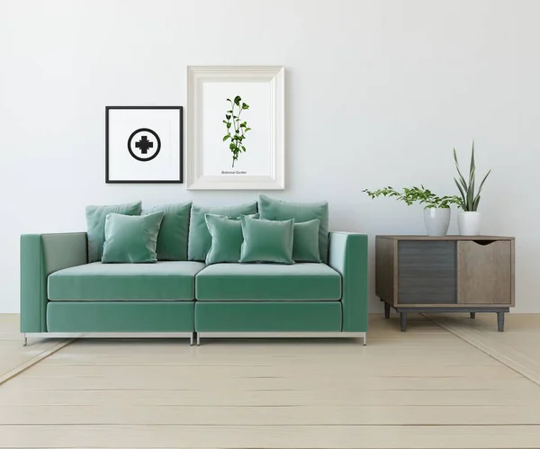 light living room interior with sofa, sunlight on a wooden floor, decor on a large wall. Home nordic with colored elements style interior . 3D illustration
