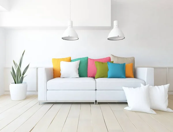 light living room interior with sofa, sunlight on a wooden floor, decor on a large wall. Home nordic with colored elements style interior . 3D illustration