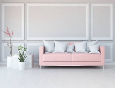 Oturma odasının içinde kanepe, ahşap zeminde güneş ışığı, büyük bir duvarda dekor. Renkli elementlerin iç mimarisi ile kuzeye dönük. 3B illüstrasyon