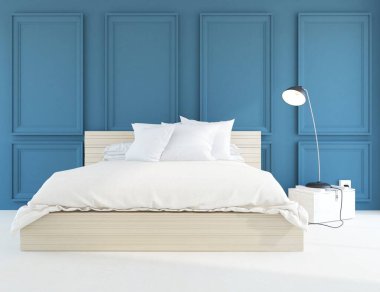 Yatak odasının içinde yatak odası, ahşap zeminde güneş ışığı, büyük bir duvarda dekor. Renkli elementlerin iç mimarisi ile kuzeye dönük. 3B illüstrasyon