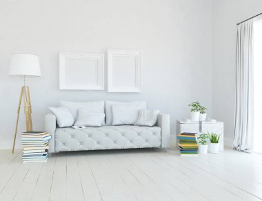 Oturma odasının içinde kanepe, ahşap zeminde güneş ışığı, büyük bir duvarda dekor. Renkli elementlerin iç mimarisi ile kuzeye dönük. 3B illüstrasyon