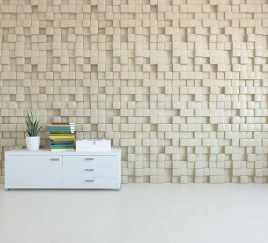 Geniş bir İskandinav açık bej oda fikri. Büyük bir duvarı var. Arkaplan iç mimarisi. Minimalist ev fikri iç mekan. 3B illüstrasyon