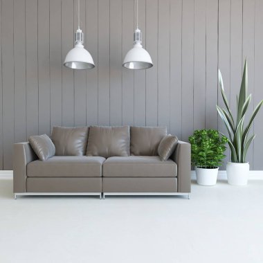 Gri oturma odasının içinde kanepe, ahşap zeminde güneş ışığı, büyük bir duvarda dekor. Renkli elementlerin iç mimarisi ile kuzeye dönük. 3B illüstrasyon